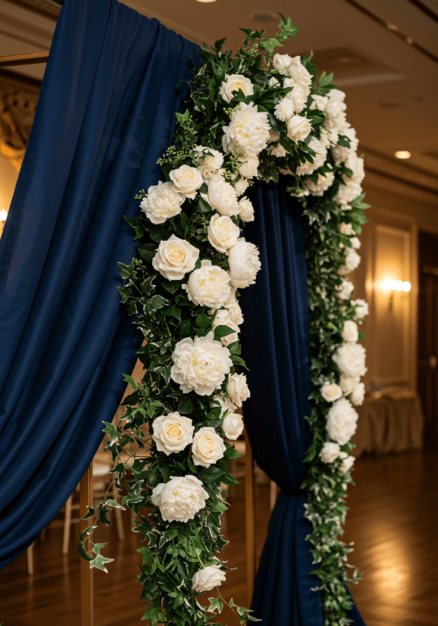 Luxurious navy blue silk fabric backdrop with cascading white flowers in elegant ballroom ceremony