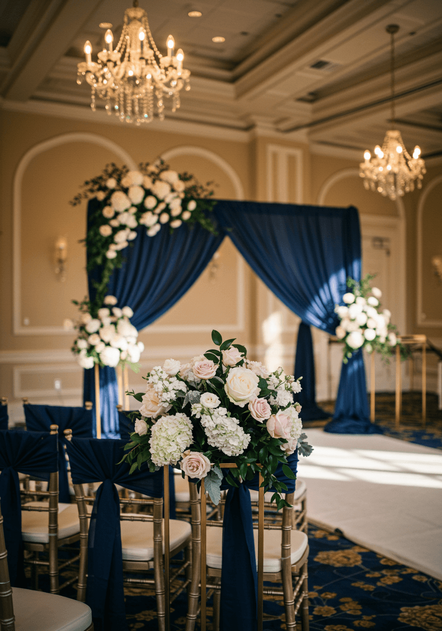 Close-up view of navy blue ballroom ceremony altar with white and blush florals