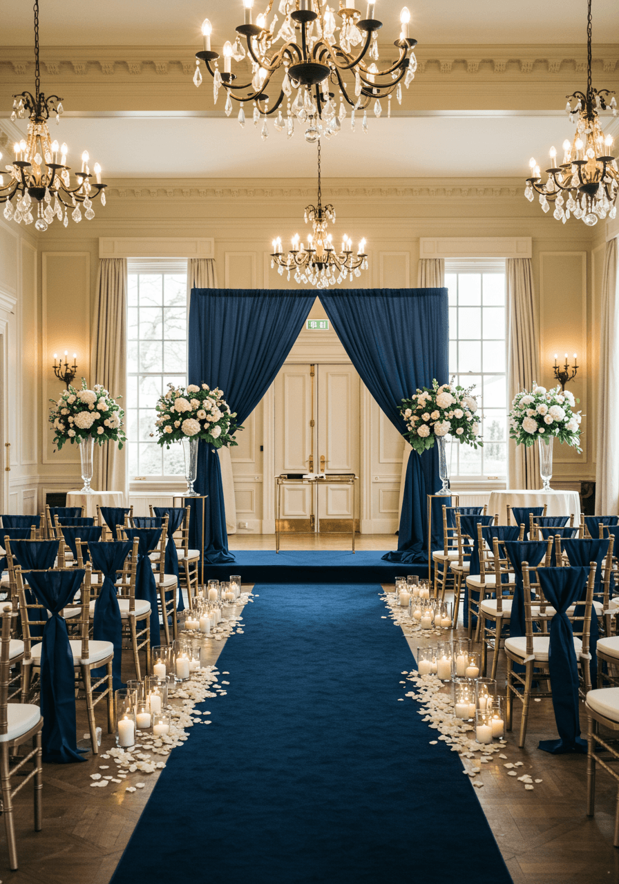 Navy blue draping and floral arrangements in elegant ballroom wedding ceremony space during late afternoon