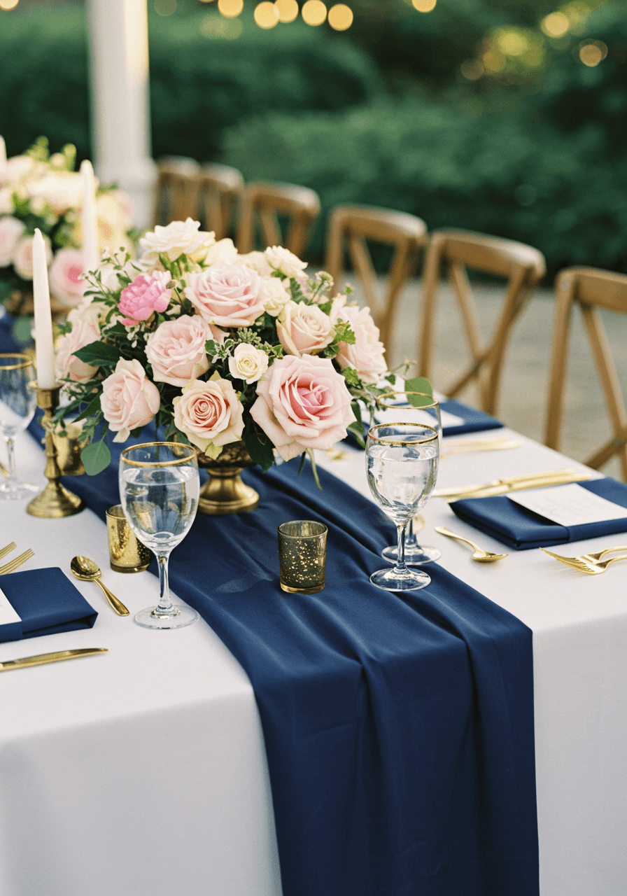 Detail shot of elegant navy and blush table setting with gold-rimmed glassware and soft pink flowers