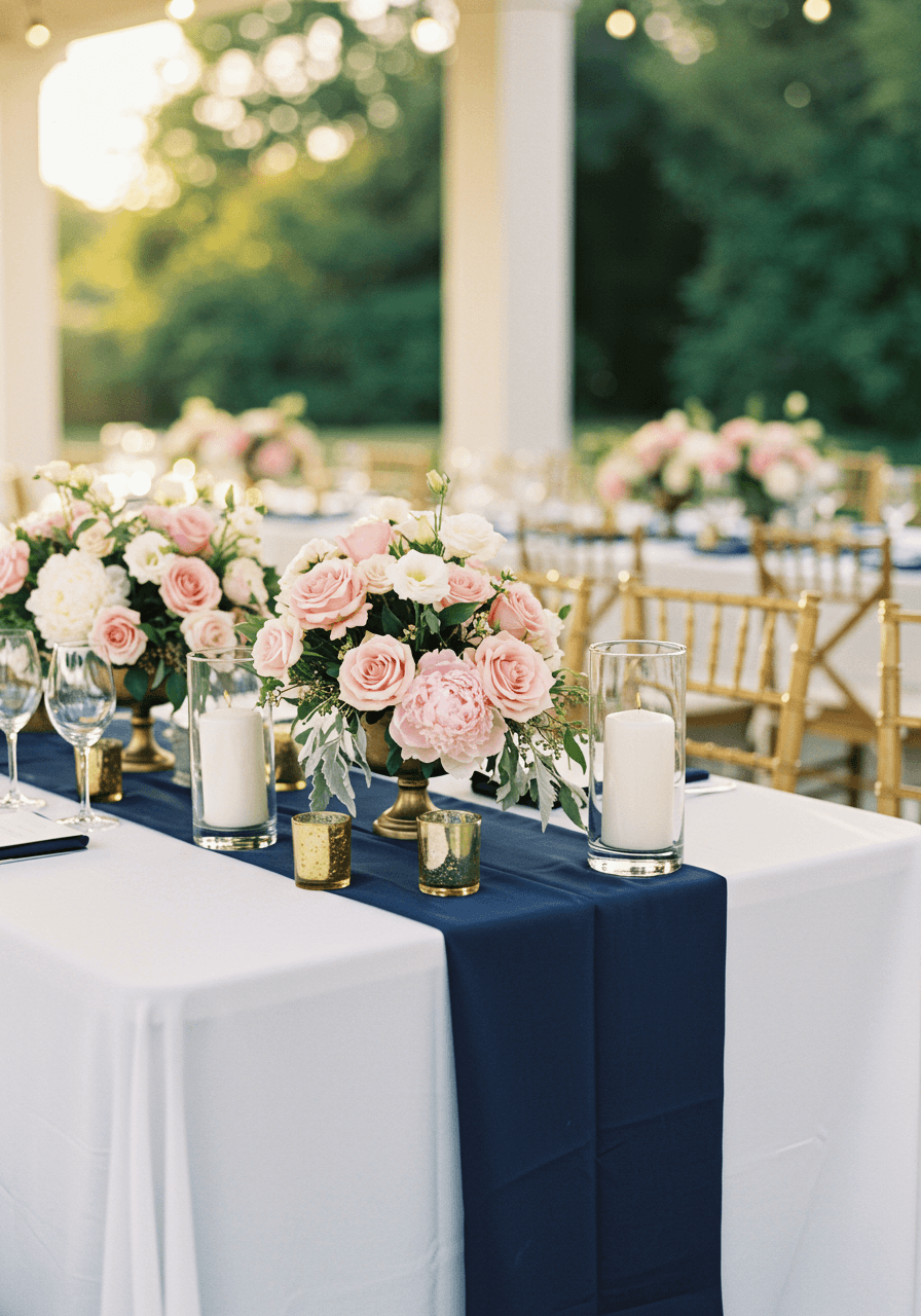 Wedding tablescape with navy blue table runners and blush pink floral centrepieces in outdoor garden pavilion