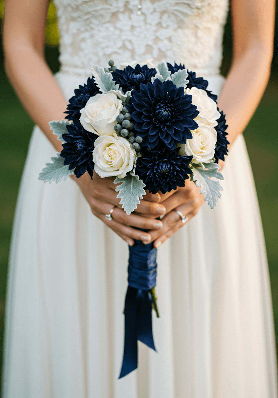 Close-up of bride holding round navy blue dahlia bouquet with white roses and silk ribbon wrap