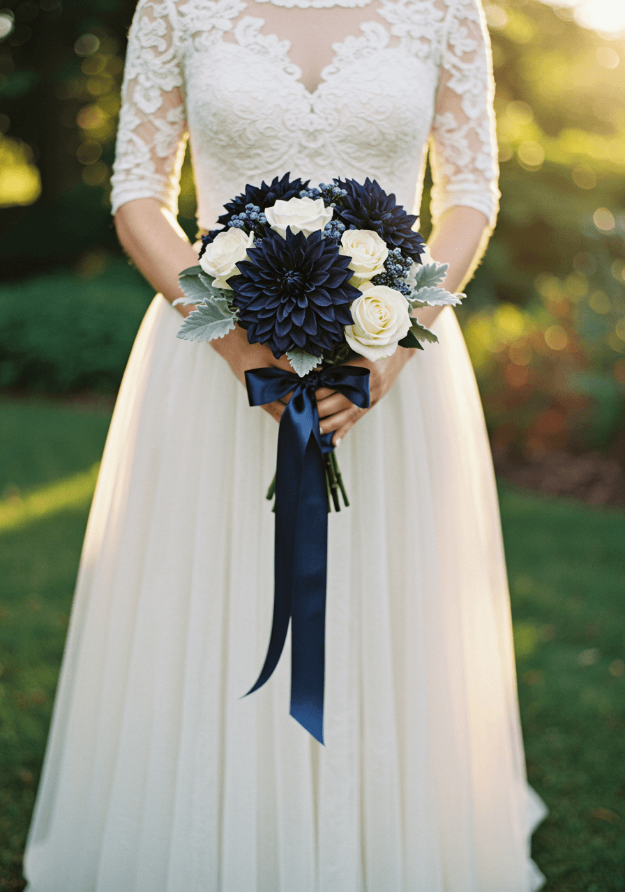 Bride holding compact navy blue bridal bouquet against flowing white tulle wedding dress