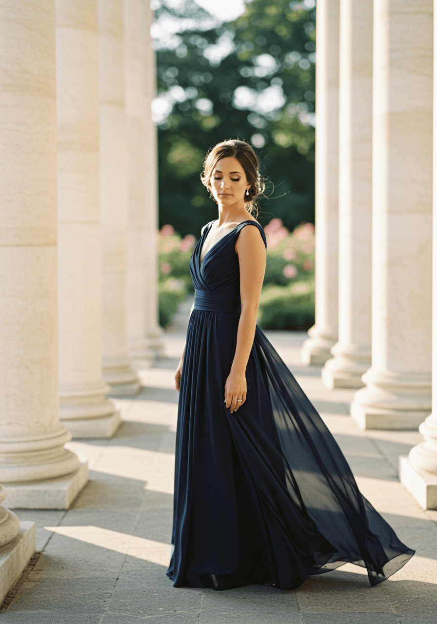Bride with three bridesmaids in elegant navy blue floor-length dresses at garden courtyard with columns