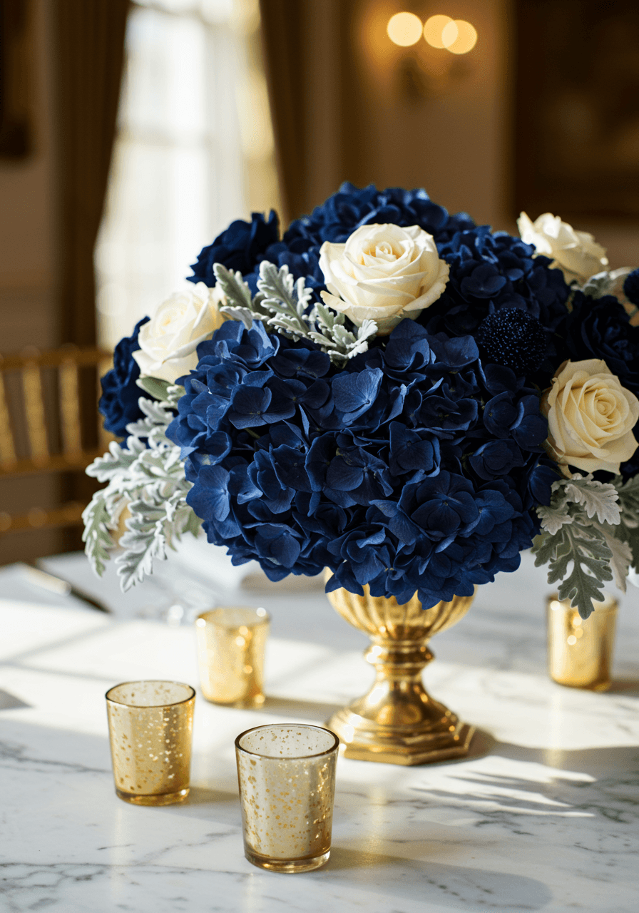 Navy blue floral centrepiece with dark hydrangeas and white roses on white marble tabletop