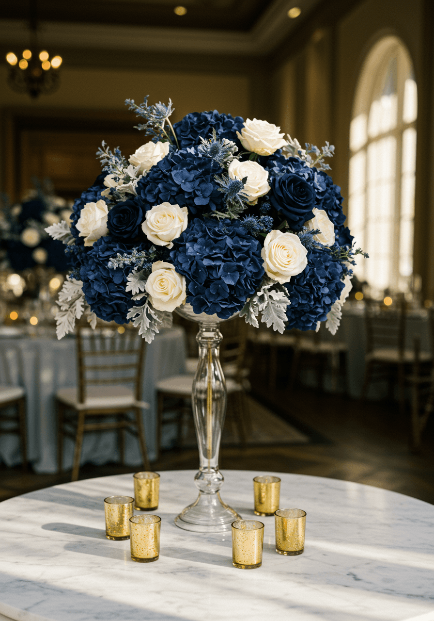 Wide angle view of elaborate navy blue and white floral centrepiece in elegant indoor reception space