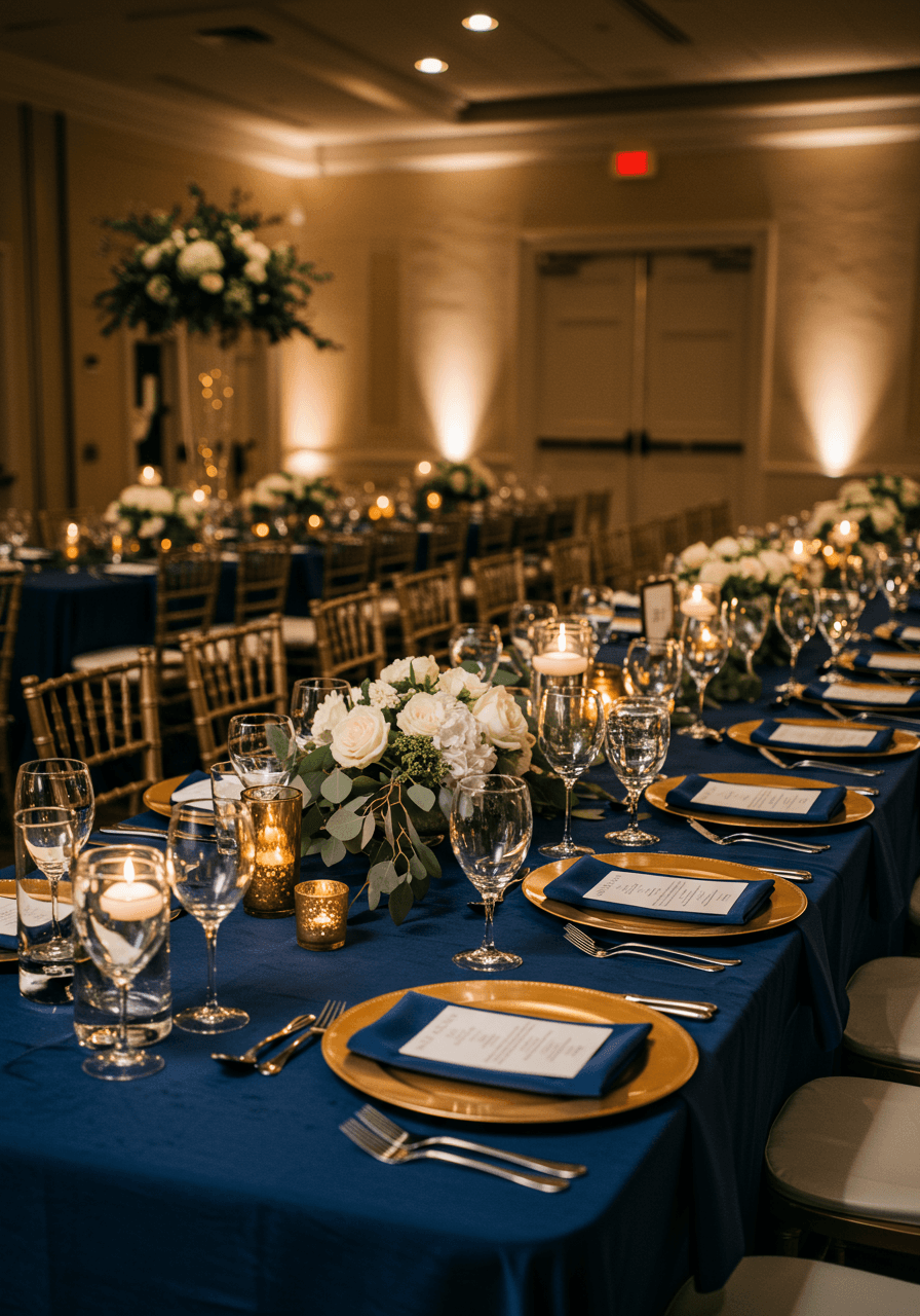 Elegant ballroom reception table with navy blue linens, gold-rimmed charger plates and white floral centrepieces