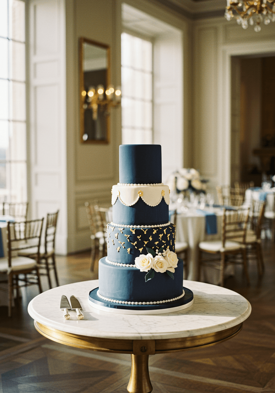 Three-tiered navy blue wedding cake with white fondant details and gold accents on marble cake table