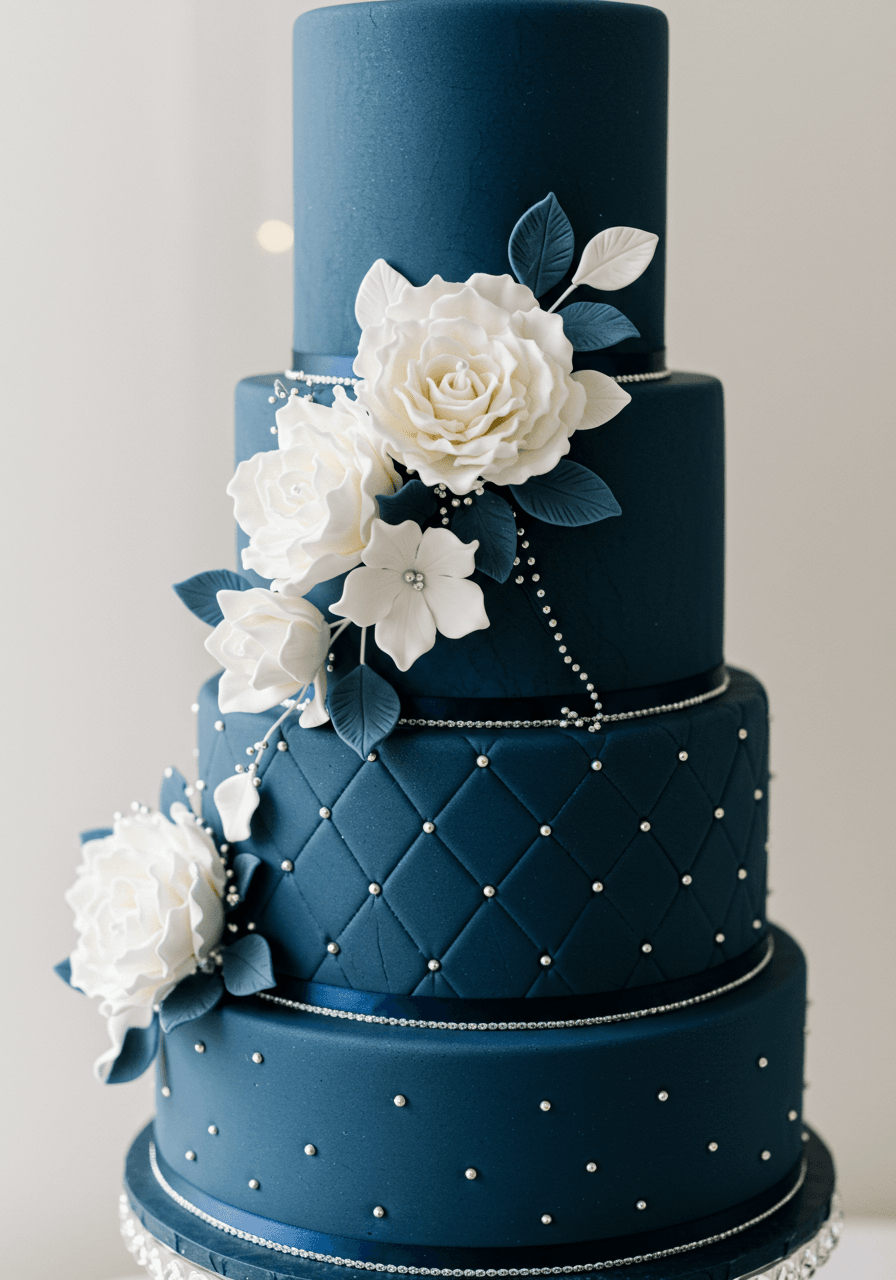 Close-up of navy blue wedding cake tier with white sugar flower and intricate piping details