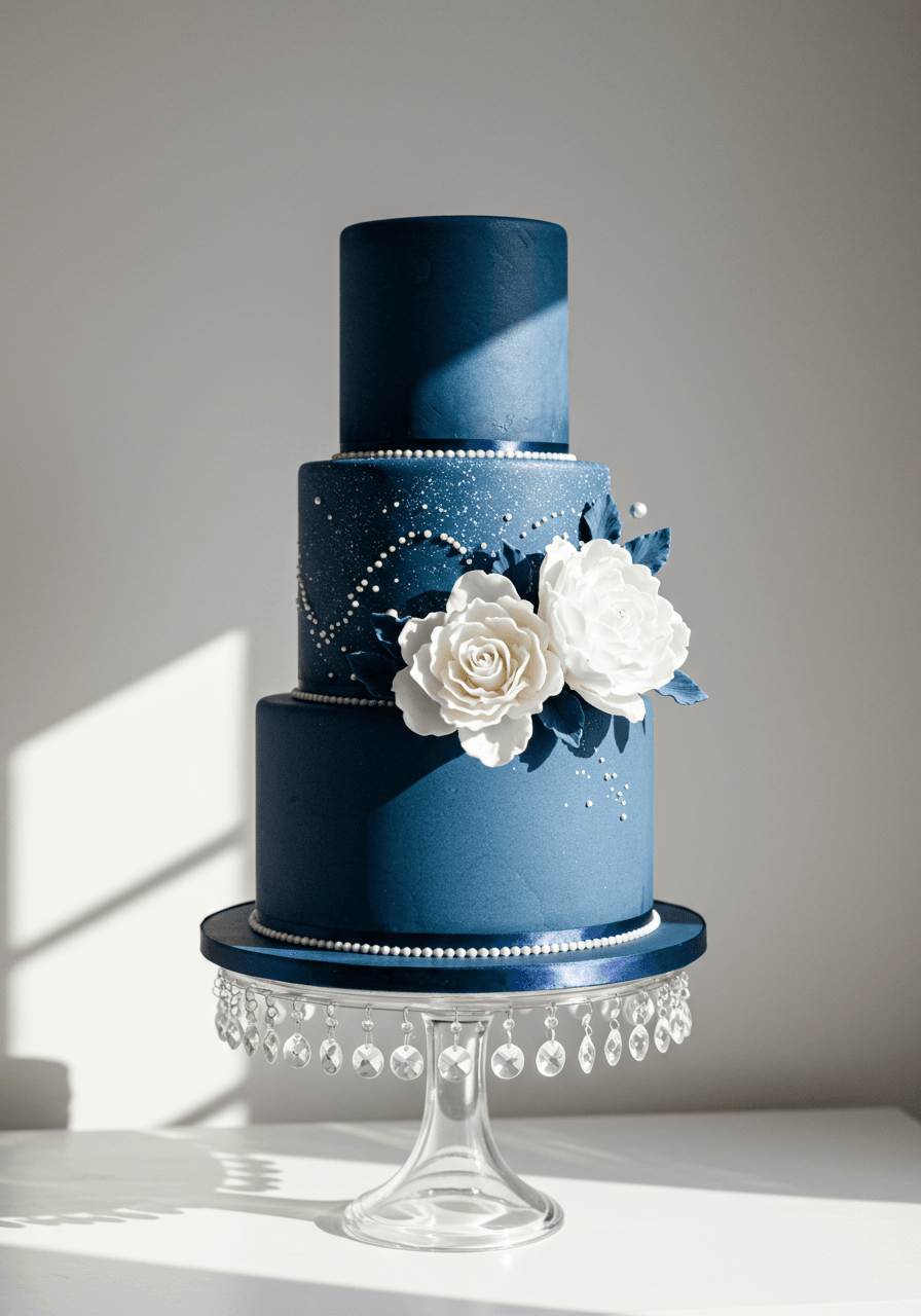 Wide view of navy blue wedding cake with delicate white sugar peonies on crystal stand