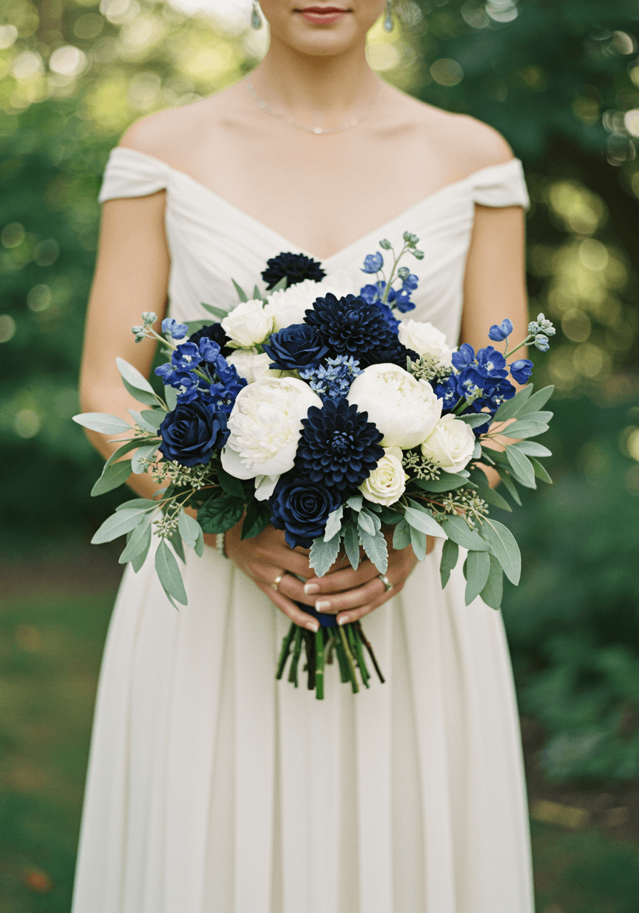 Bride holding navy blue and white floral bouquet with delphiniums and peonies in rustic garden