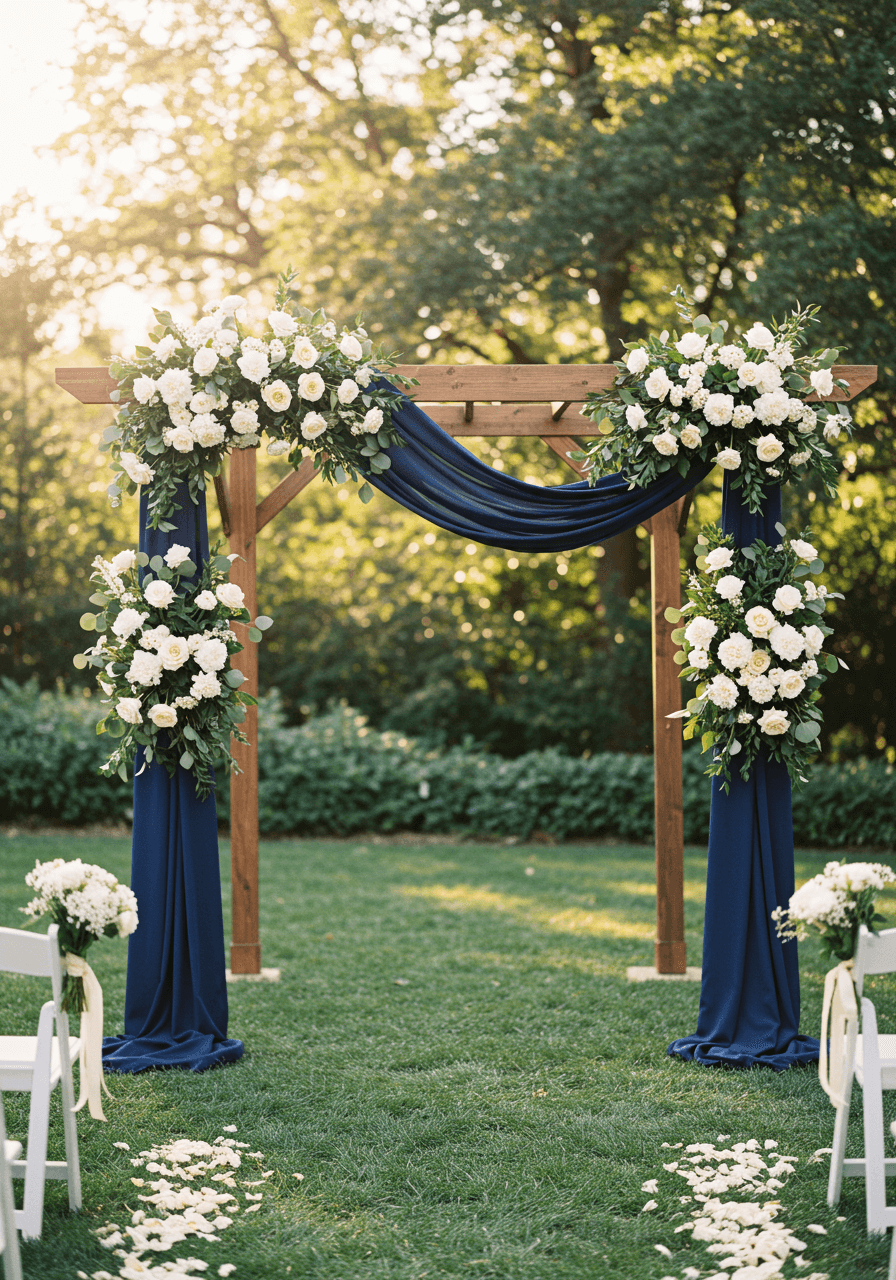 Wedding ceremony altar with navy blue and white florals in outdoor garden during late afternoon