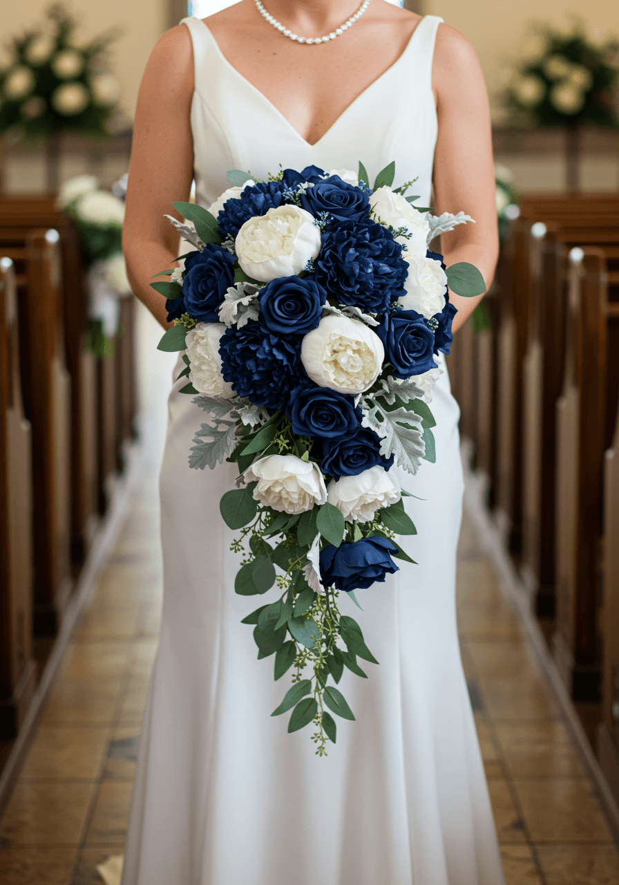 Bride holding cascading navy blue and white bridal bouquet with roses and peonies in church interior