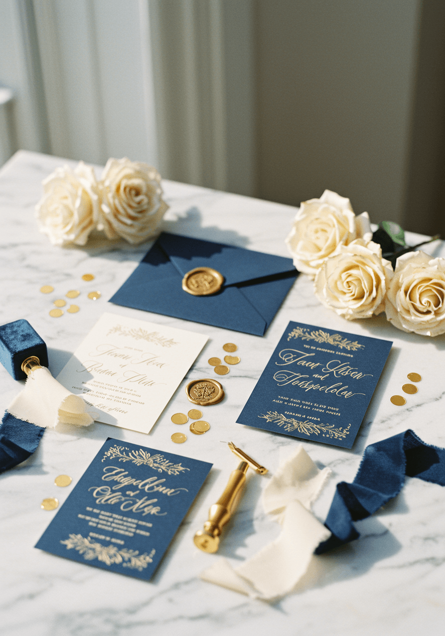 Flat lay of elegant navy and gold wedding stationery with calligraphy on white marble