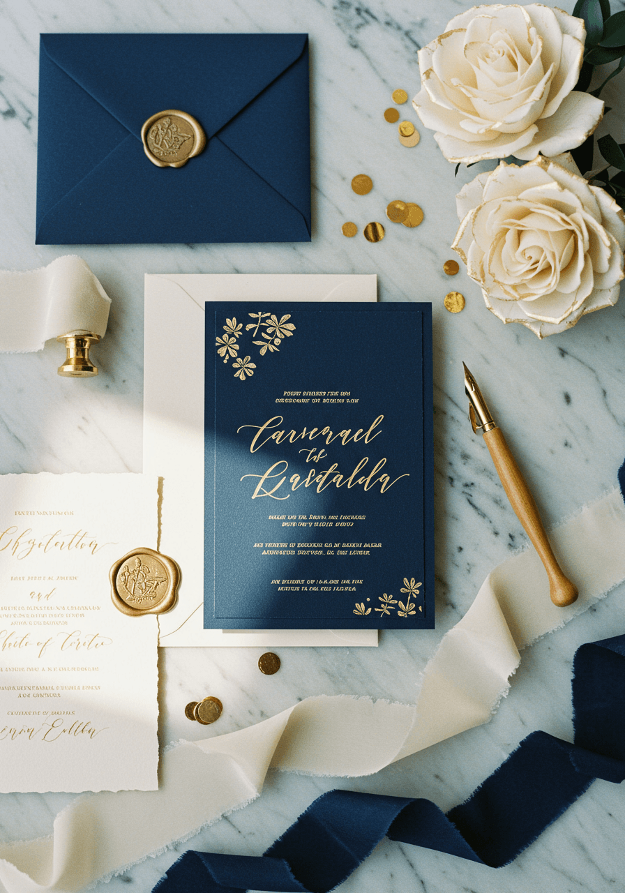 Navy blue wedding invitation suite with gold foil lettering and wax seals on marble surface