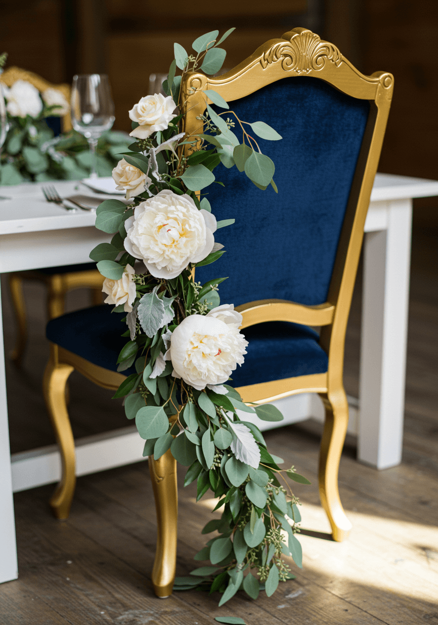 Ornate navy blue velvet dining chair with gold piping and white peony garland at rustic barn table