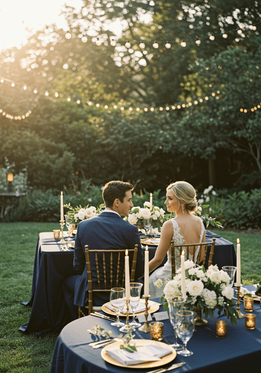 Bride and groom at elegant garden reception table with navy blue linens and gold charger plates during golden hour
