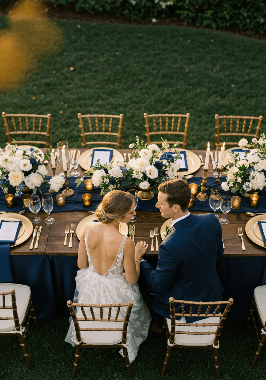 Overhead view of romantic garden reception featuring navy blue table runners and gold place settings