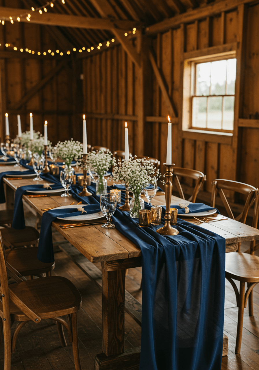 Overhead view of rustic barn table setting with navy blue linens and candlelit centrepiece
