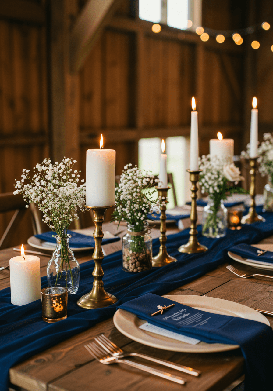 Navy blue table runner with brass candlesticks and white candles on rustic wooden farm table in barn