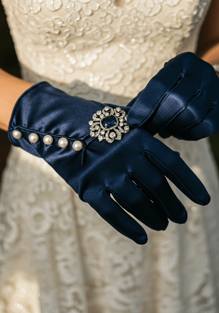 Bride's hand in vintage navy blue silk glove with pearl buttons adjusting antique sapphire and diamond brooch