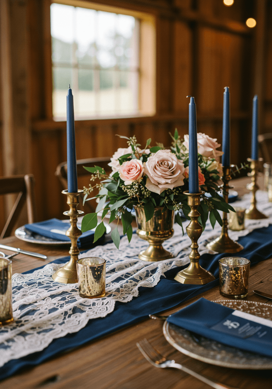 Close-up of vintage navy blue table setting with antique brass details and blush pink garden roses