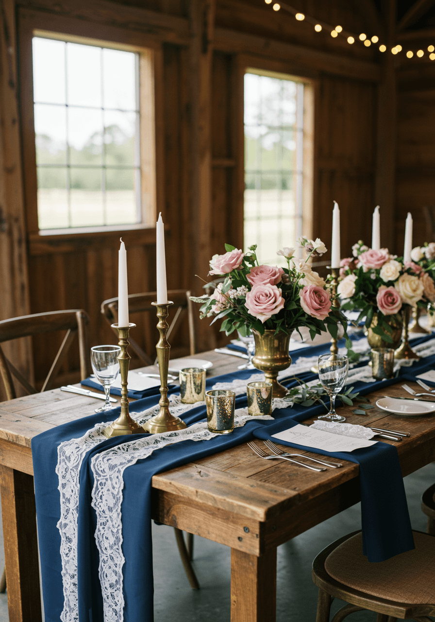 Vintage-inspired navy blue wedding tablescape with brass candlesticks and dusty rose florals on rustic farm table