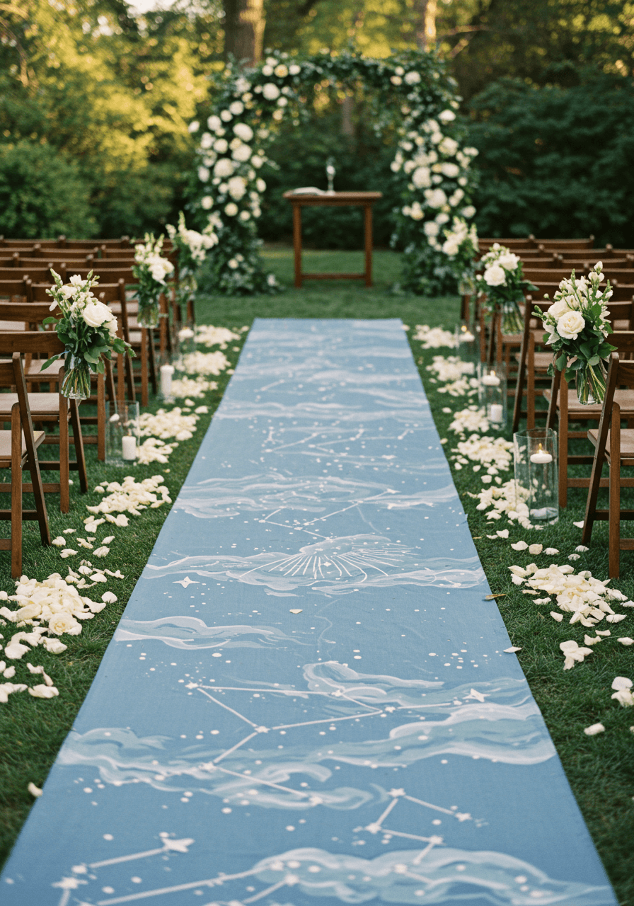 Hand-painted dusty blue aisle runner with celestial motifs extending down garden wedding ceremony aisle