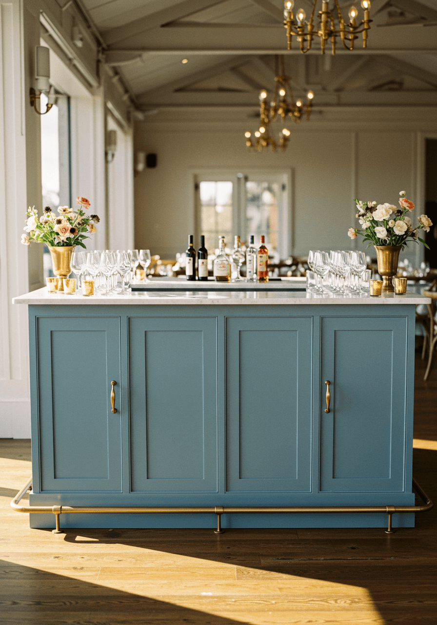 Chic wedding bar with dusty blue painted front panel and elegant brass hardware