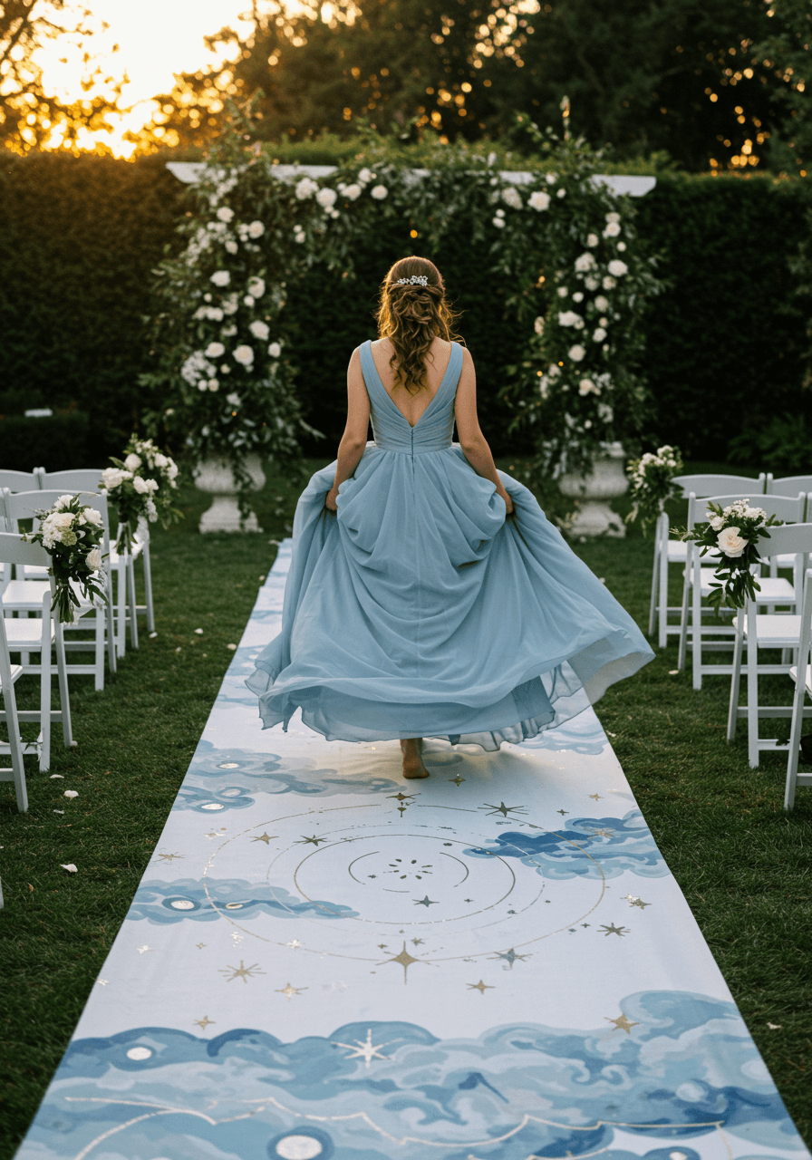 Bride in flowing dusty blue gown walking barefoot down hand-painted celestial aisle runner