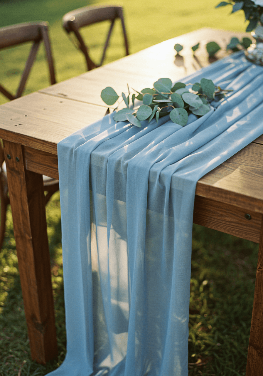 Overhead view of chiffon table runner flowing across weathered wood with eucalyptus accents