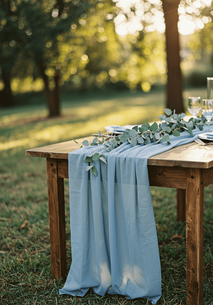 Dusty blue chiffon table runner elegantly draped across rustic wooden farmhouse table