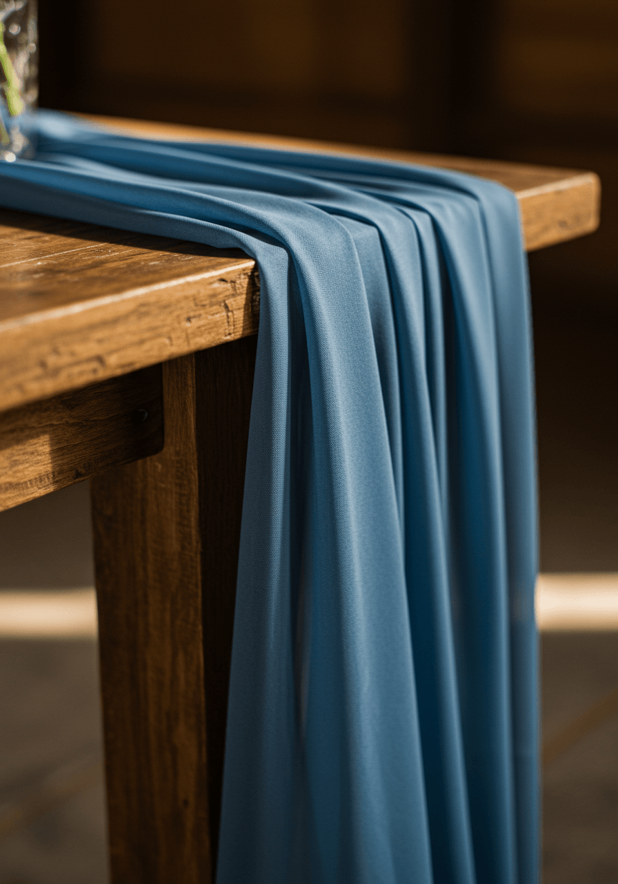 Close-up detail of dusty blue chiffon fabric cascading over edge of reclaimed wood table