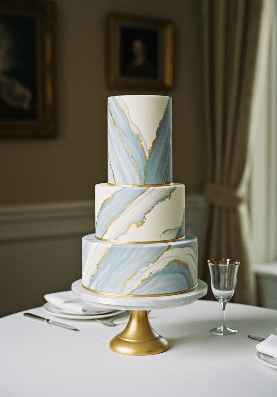 Three-tier wedding cake with white fondant and hand-painted dusty blue and gold marble veining