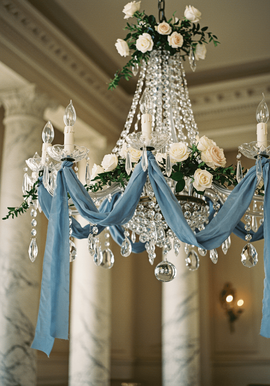 Close-up detail of crystal chandelier with dusty blue fabric and rose accents