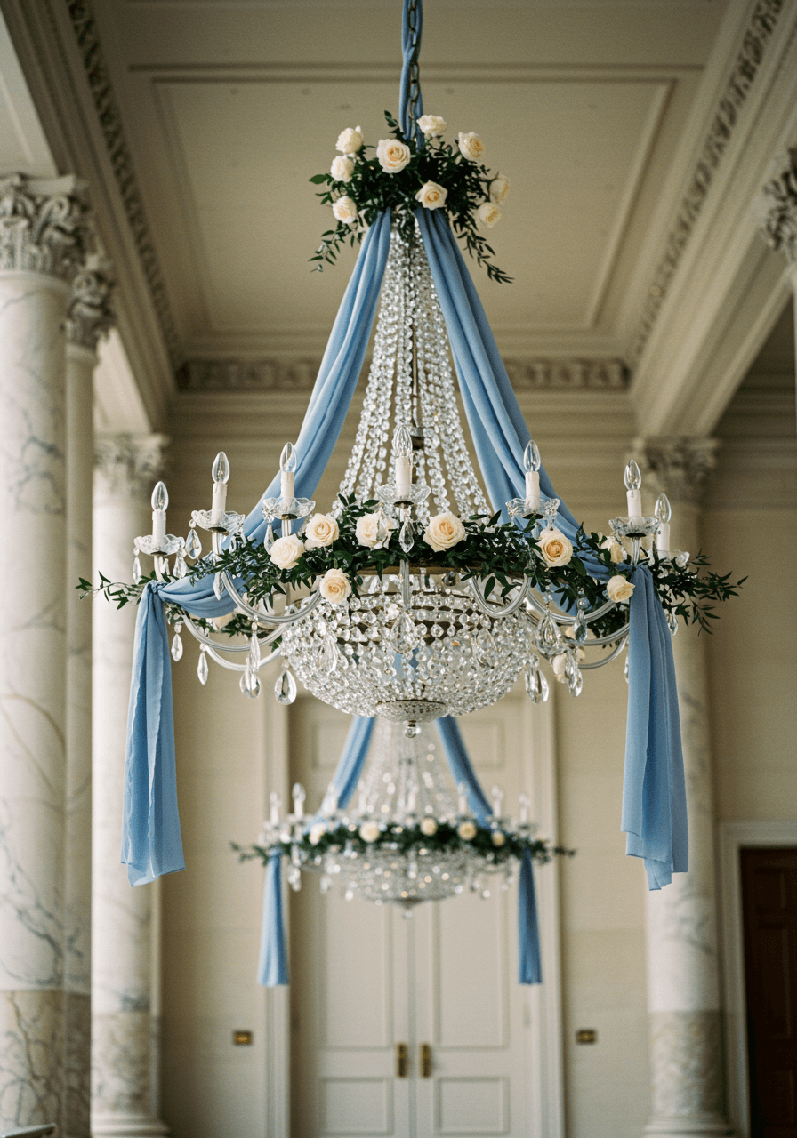 Classic crystal chandelier adorned with dusty blue silk ribbons and white roses in elegant ballroom