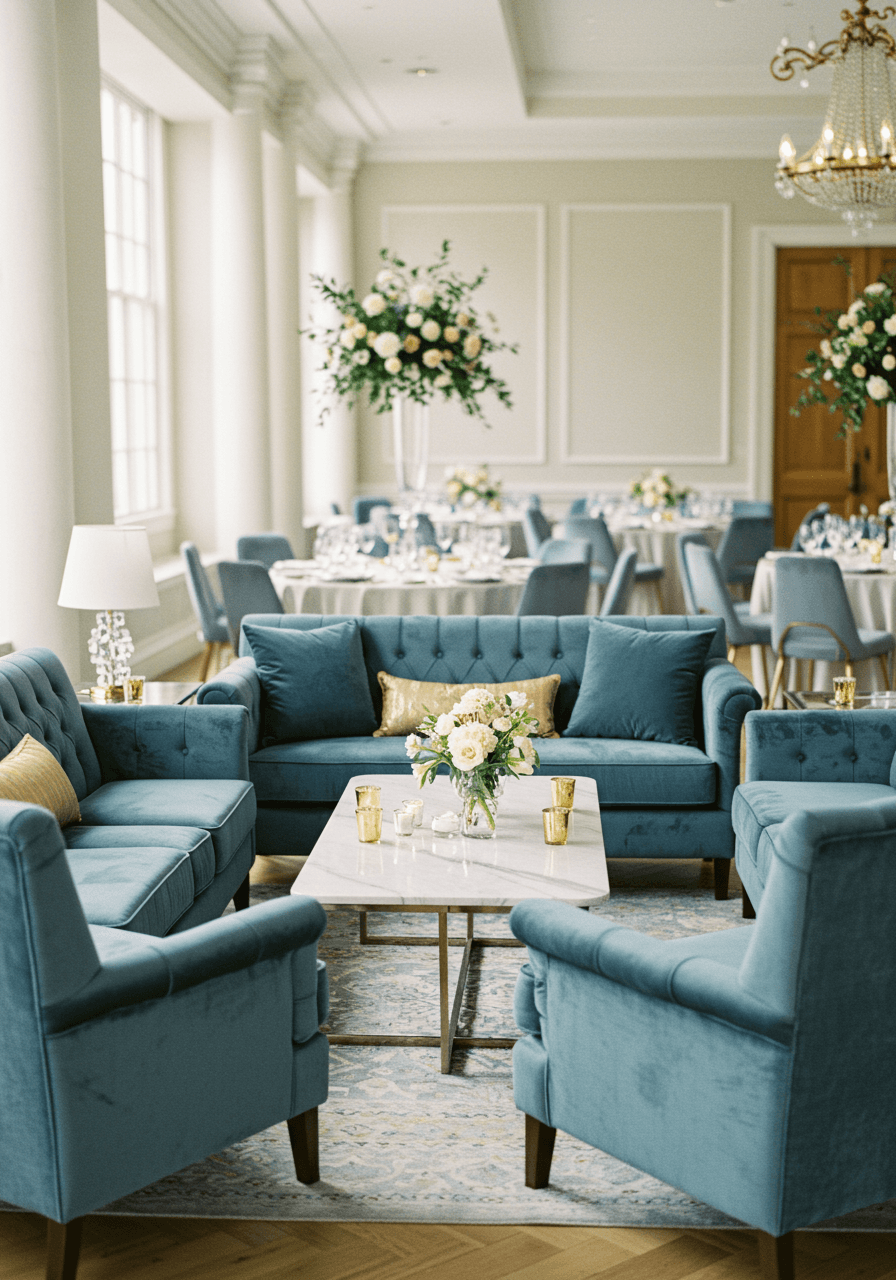 Luxurious wedding lounge area with plush dusty blue velvet sofas and marble coffee table