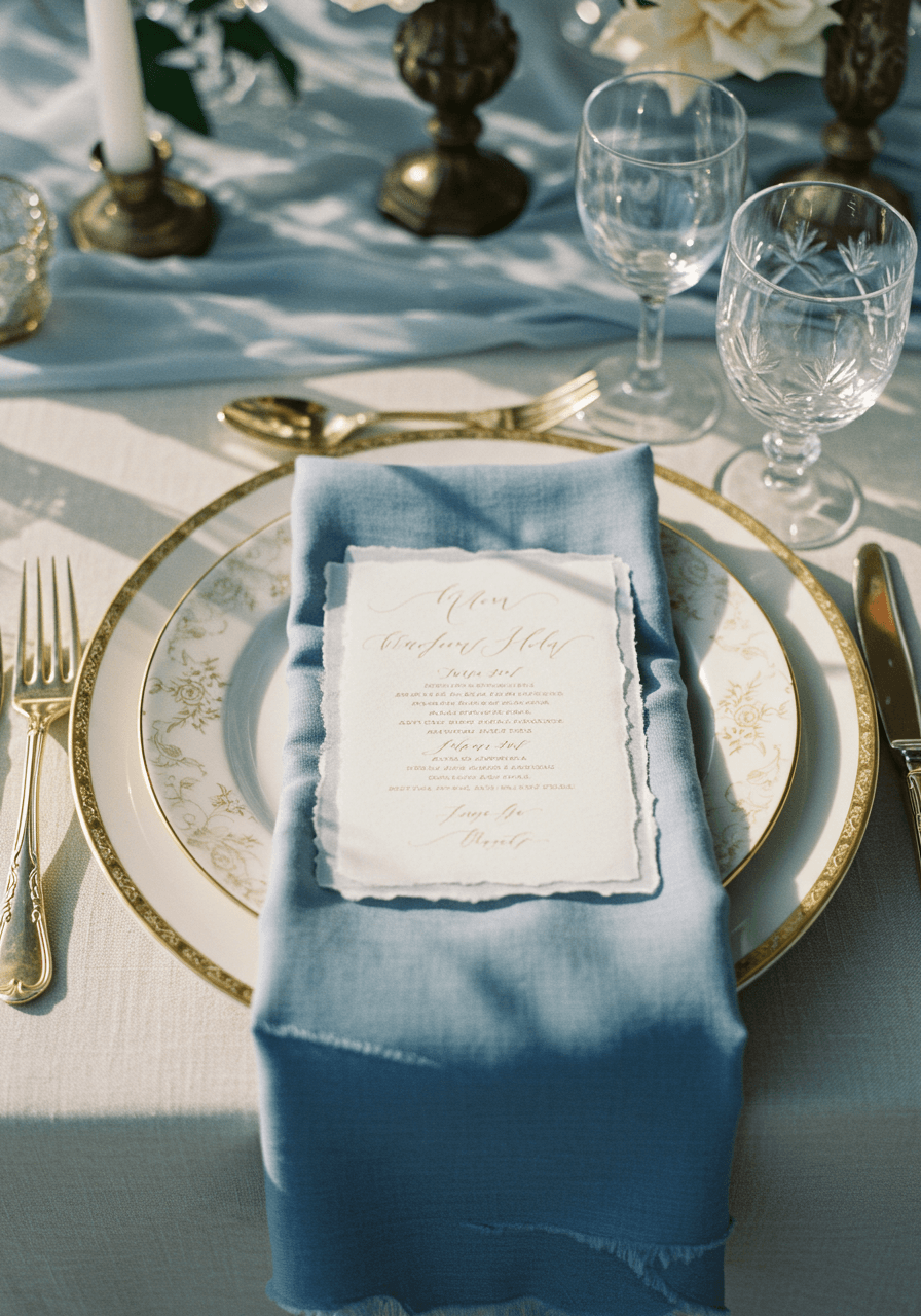 Overhead view of elaborate wedding place setting with dusty blue silk napkins and vellum cards