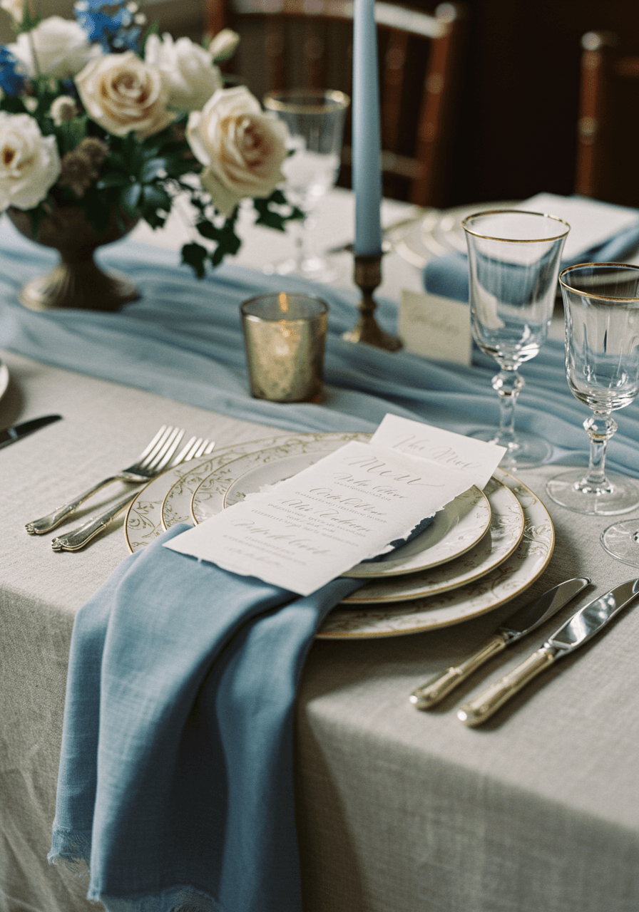 Low angle view of sophisticated place setting with layered silk, vellum, and vintage china