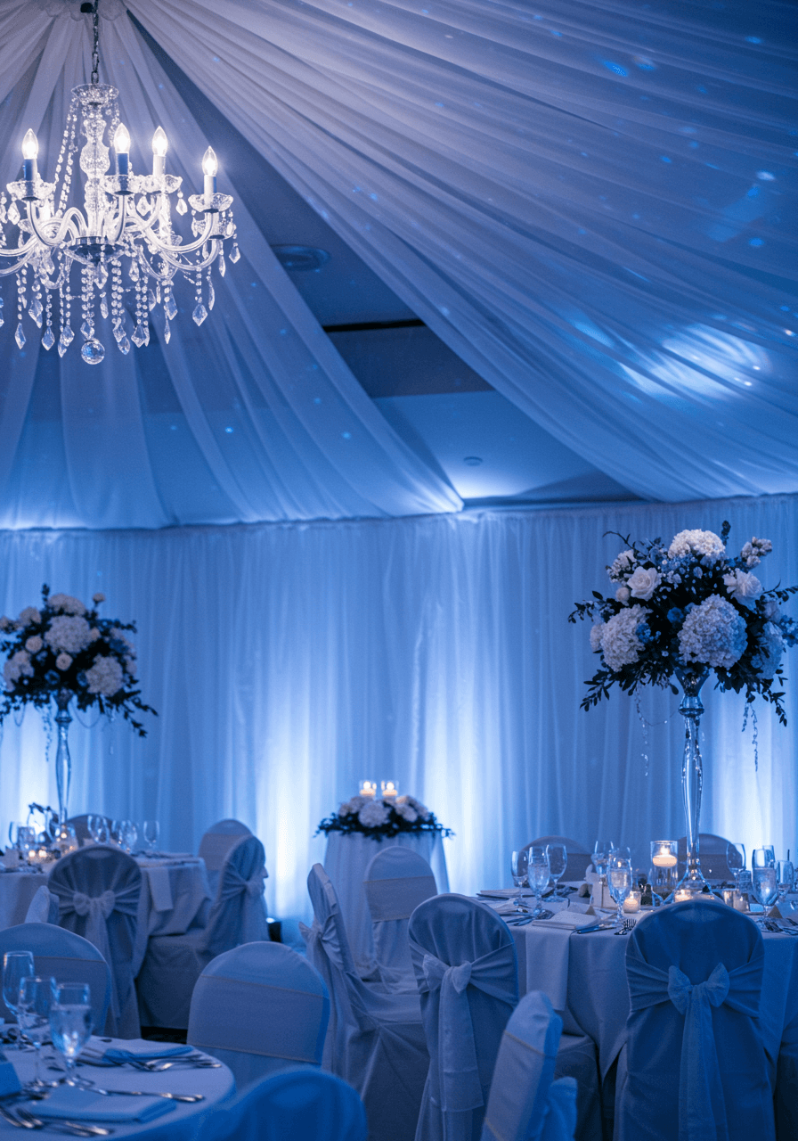 Close-up of elegant table setting illuminated by dusty blue uplighting in ballroom