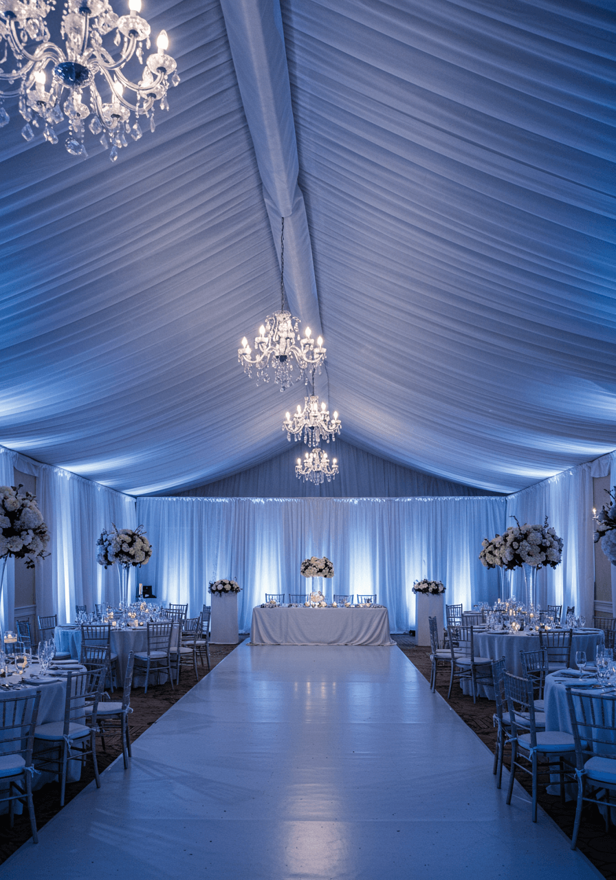 Wedding reception ballroom transformed with soft dusty blue uplighting washing walls and ceiling
