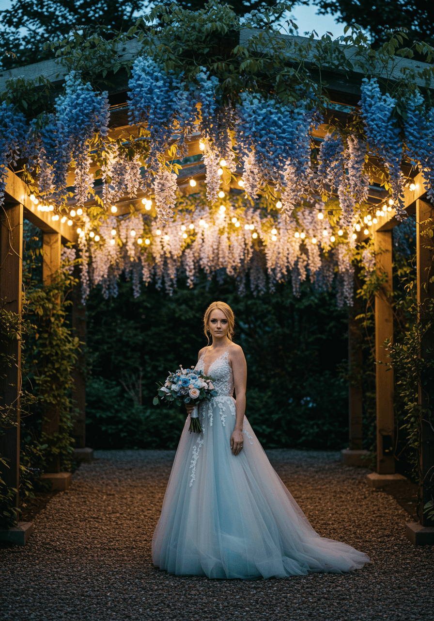 Elegant bride beneath magnificent overhead installation of cascading blue wisteria and sparkling lights