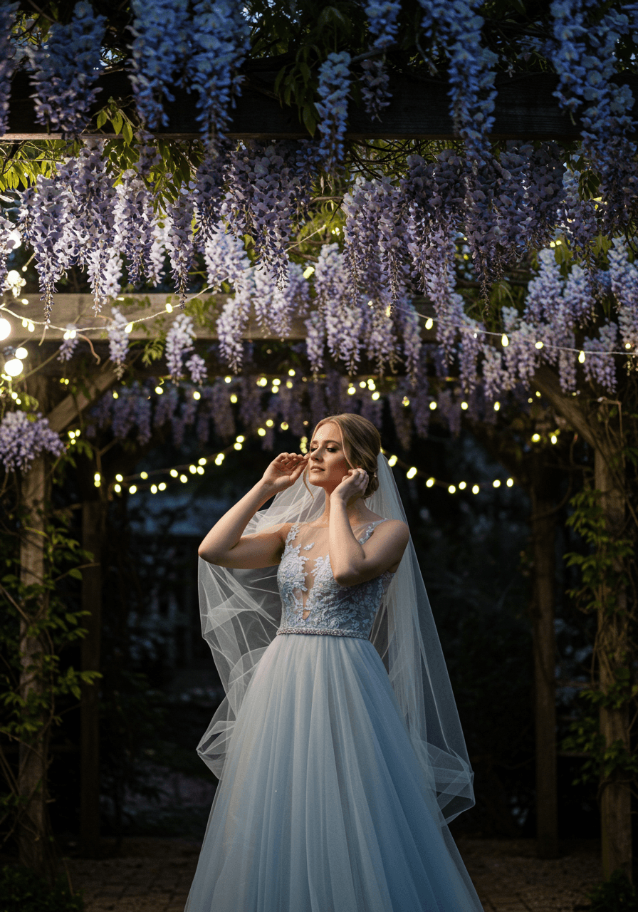 Bride with flowing veil standing under wisteria canopy with twinkling fairy lights