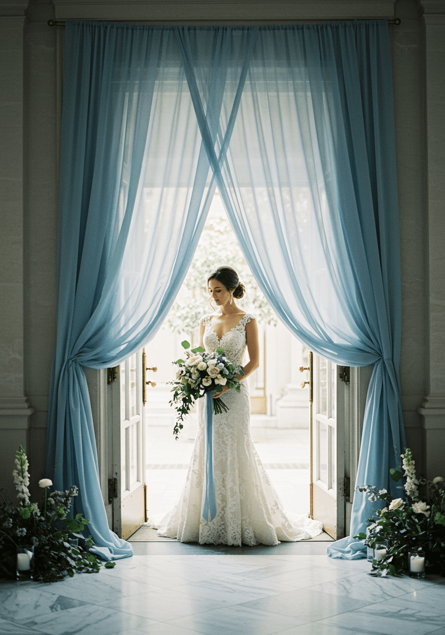 Bride pausing gracefully in doorway framed by dusty blue draping during soft afternoon light