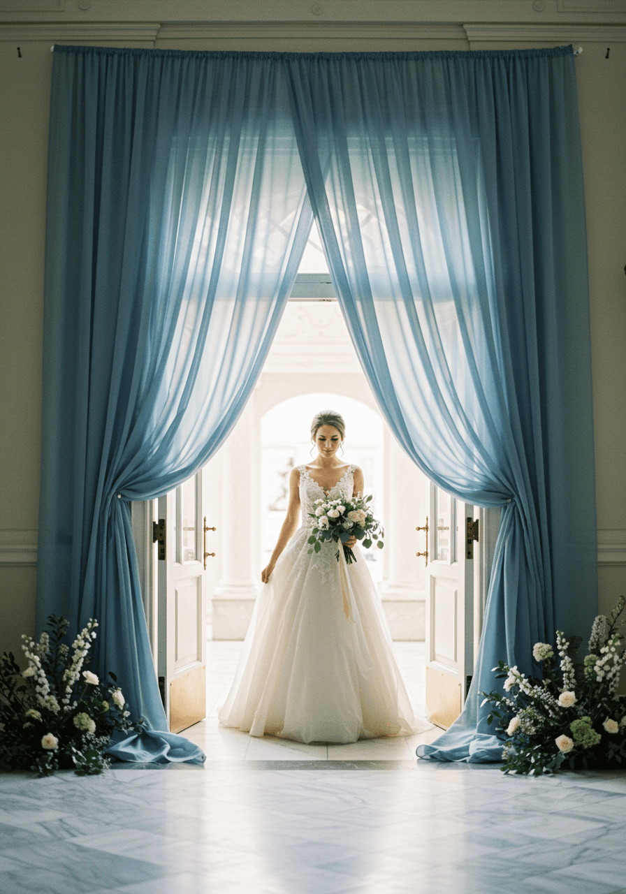 Elegant bride in flowing wedding gown walking through doorway with cascading dusty blue fabric panels