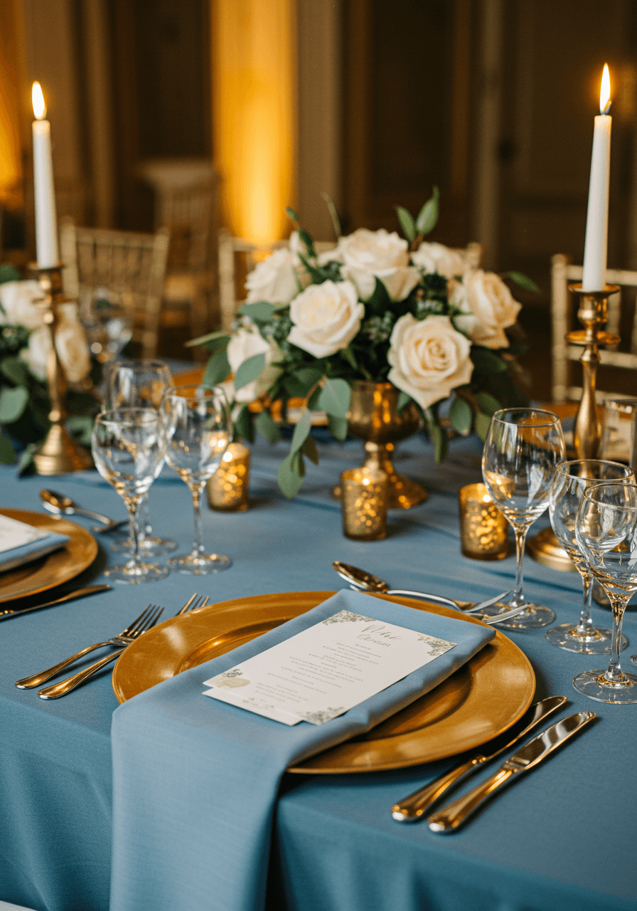 Intimate view of wedding table setting with dusty blue linens and gold accents