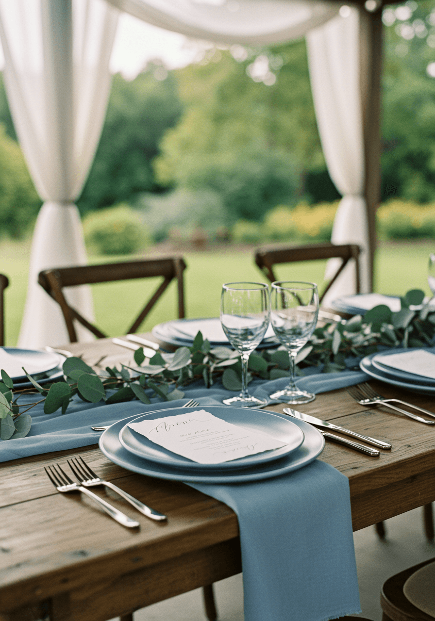 Wide view of garden pavilion table setting with silk and vellum place settings