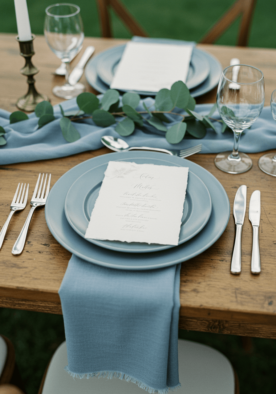 Layered place setting with dusty blue silk chargers and vellum menu cards on rustic wooden table