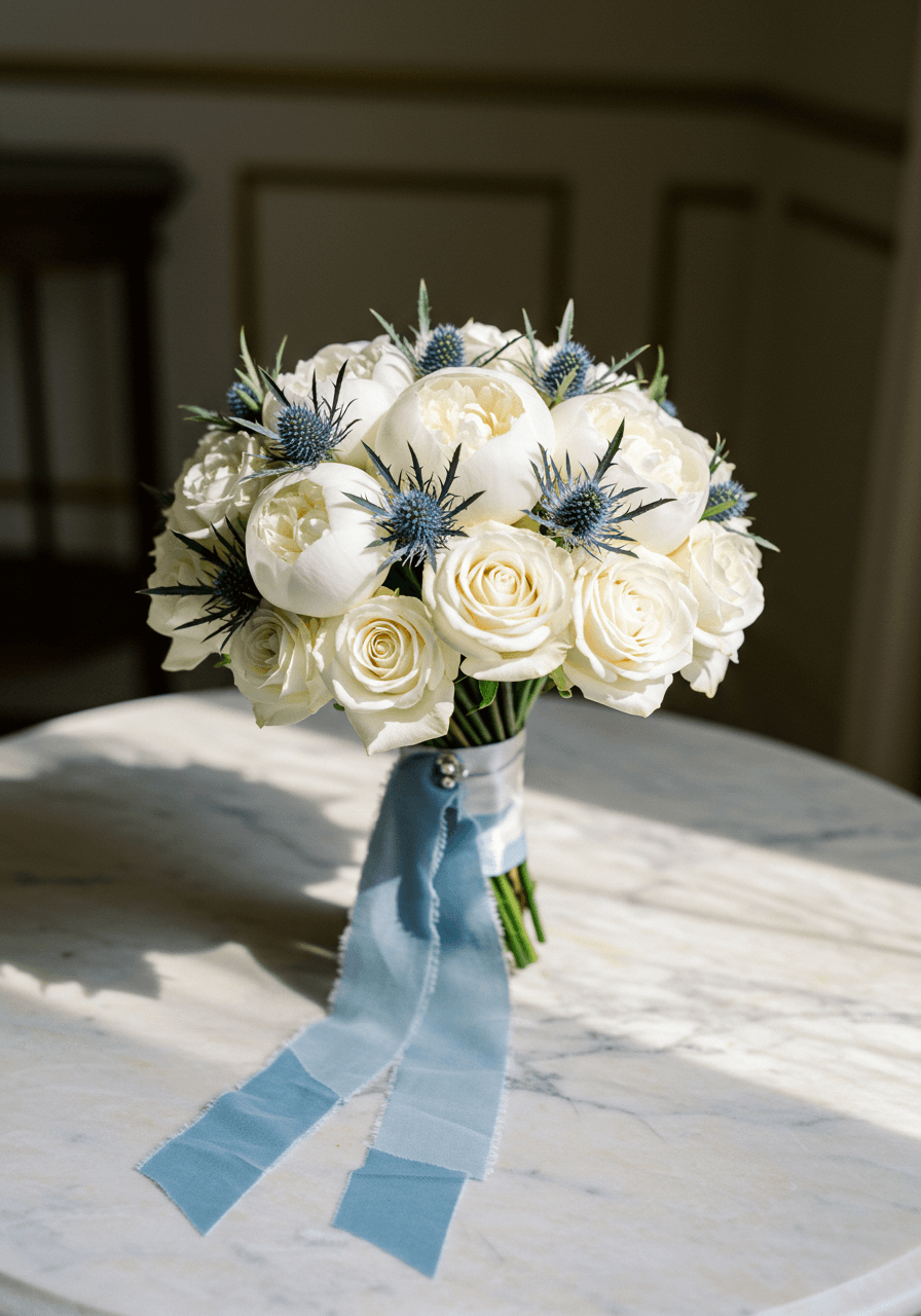 Bridal bouquet with white florals and blue thistle resting on marble surface in elegant suite