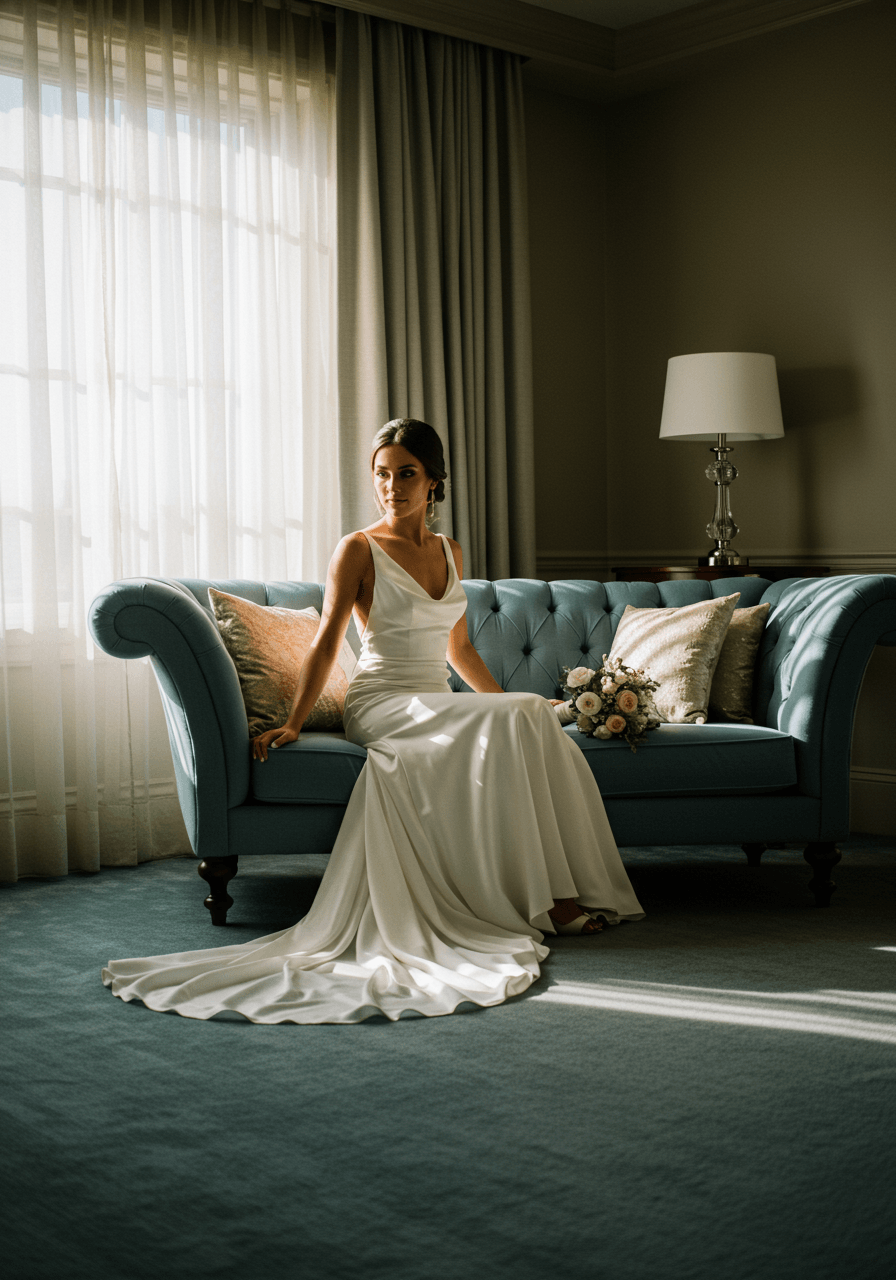 Wide angle view of bride relaxing on velvet chaise in elegant bridal suite